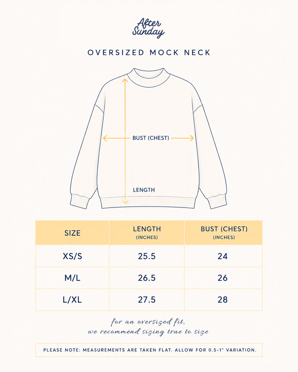 Measurement guide for an oversized mock neck sweatshirt, showing a simple line drawing of a sweatshirt with arrows marking bust and length, plus a size table listing XS/S, M/L, and L/XL measurements.

