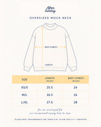 Measurement guide for an oversized mock neck sweatshirt, showing a simple line drawing of a sweatshirt with arrows marking bust and length, plus a size table listing XS/S, M/L, and L/XL measurements.

