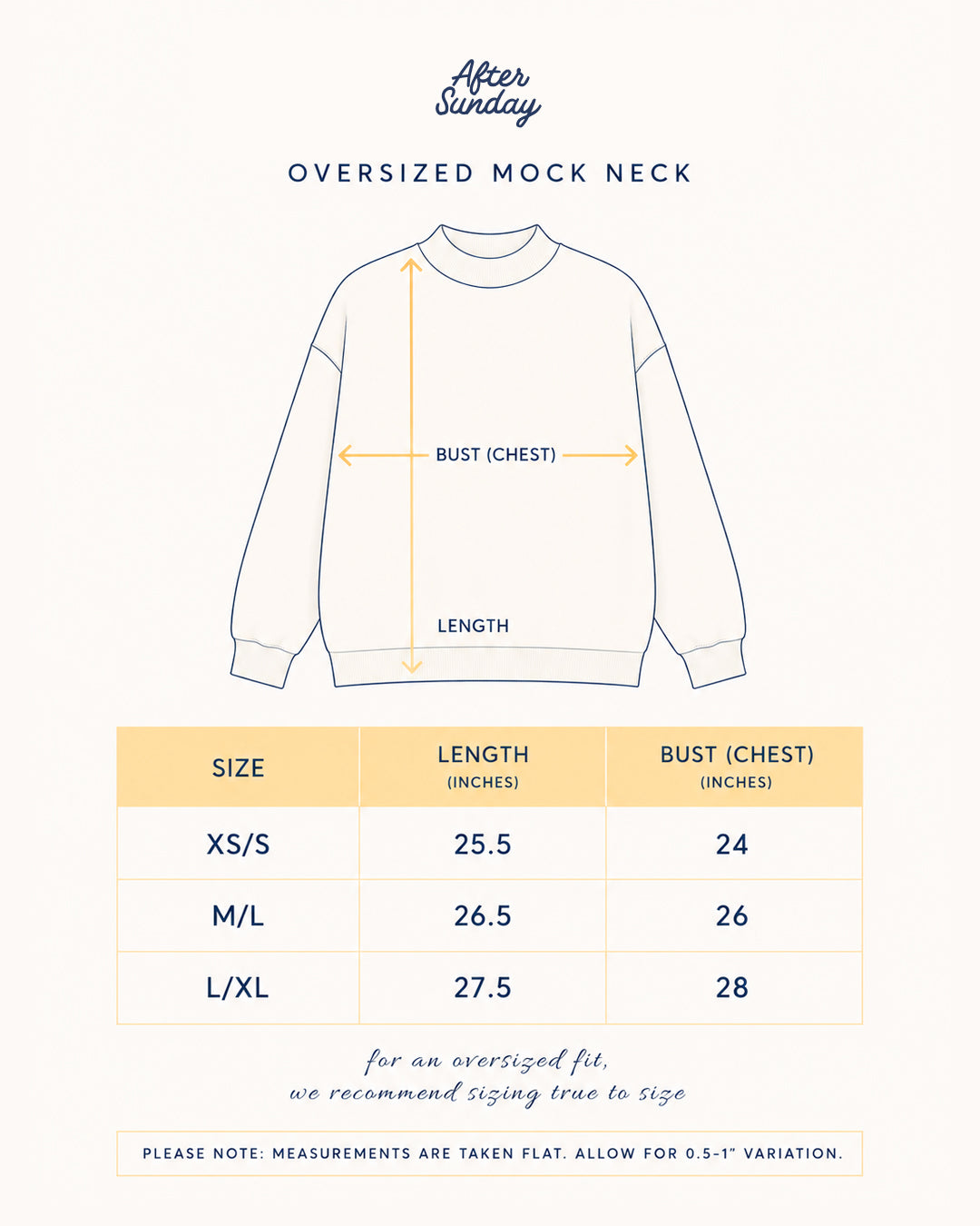 Measurement guide for an oversized mock neck sweatshirt, showing a simple line drawing of a sweatshirt with arrows marking bust and length, plus a size table listing XS/S, M/L, and L/XL measurements.


