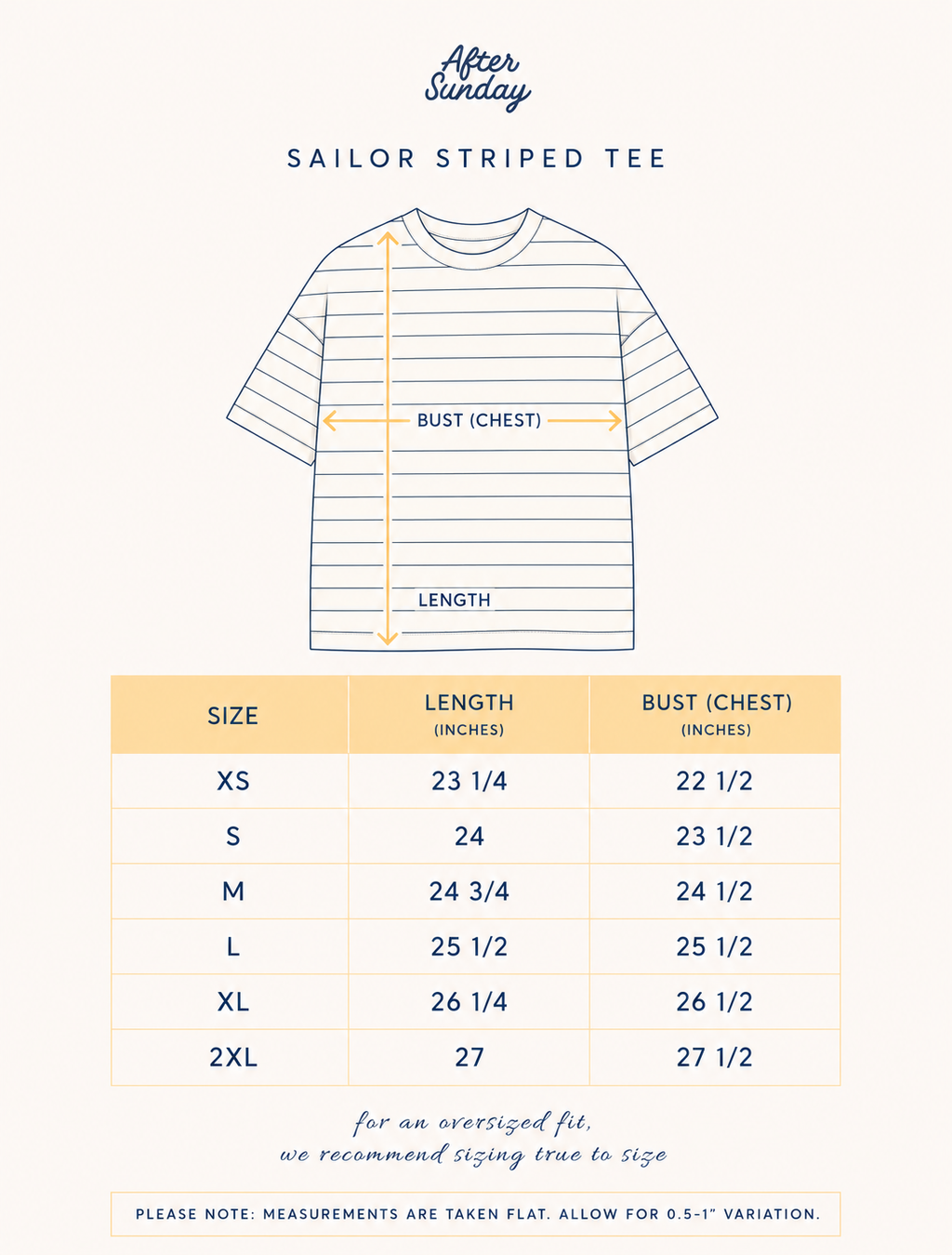A size measurement graphic for a sailor striped tee, showing a simple line drawing of the shirt with arrows marking chest length and bust, plus a size chart table from XS to 2XL with measurements in inches.