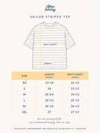 A size measurement graphic for a sailor striped tee, showing a simple line drawing of the shirt with arrows marking chest length and bust, plus a size chart table from XS to 2XL with measurements in inches.